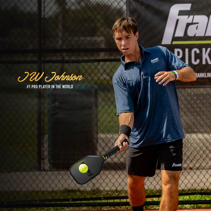Pickleball number one player JW Johnson demonstrates using Franklin Sweet Spot trainer paddle